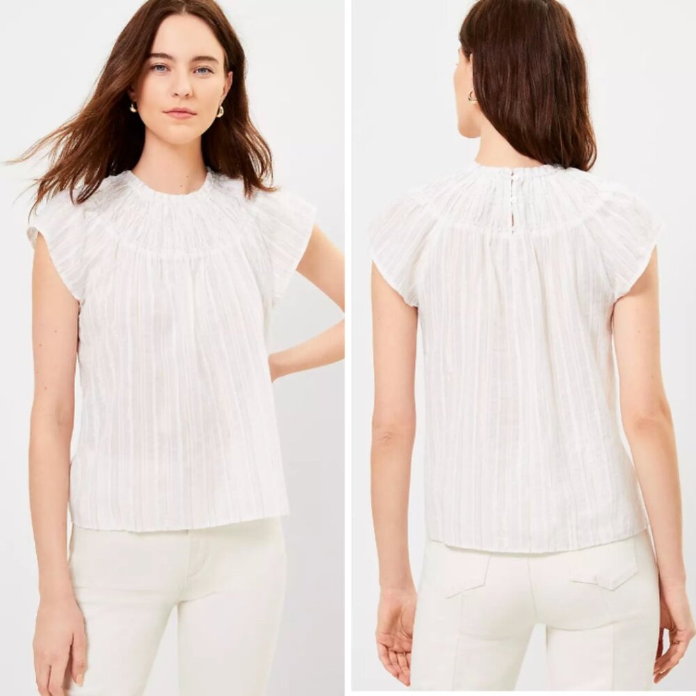 LOFT | NWT Women's White Metallic Striped Shimmer Cap Sleeve Blouse | Size L